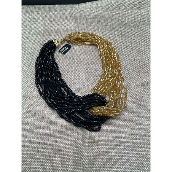 Bohemian Glass Vintage Seed Beaded Black & Gold Looped Necklace - Picture 4 of 5